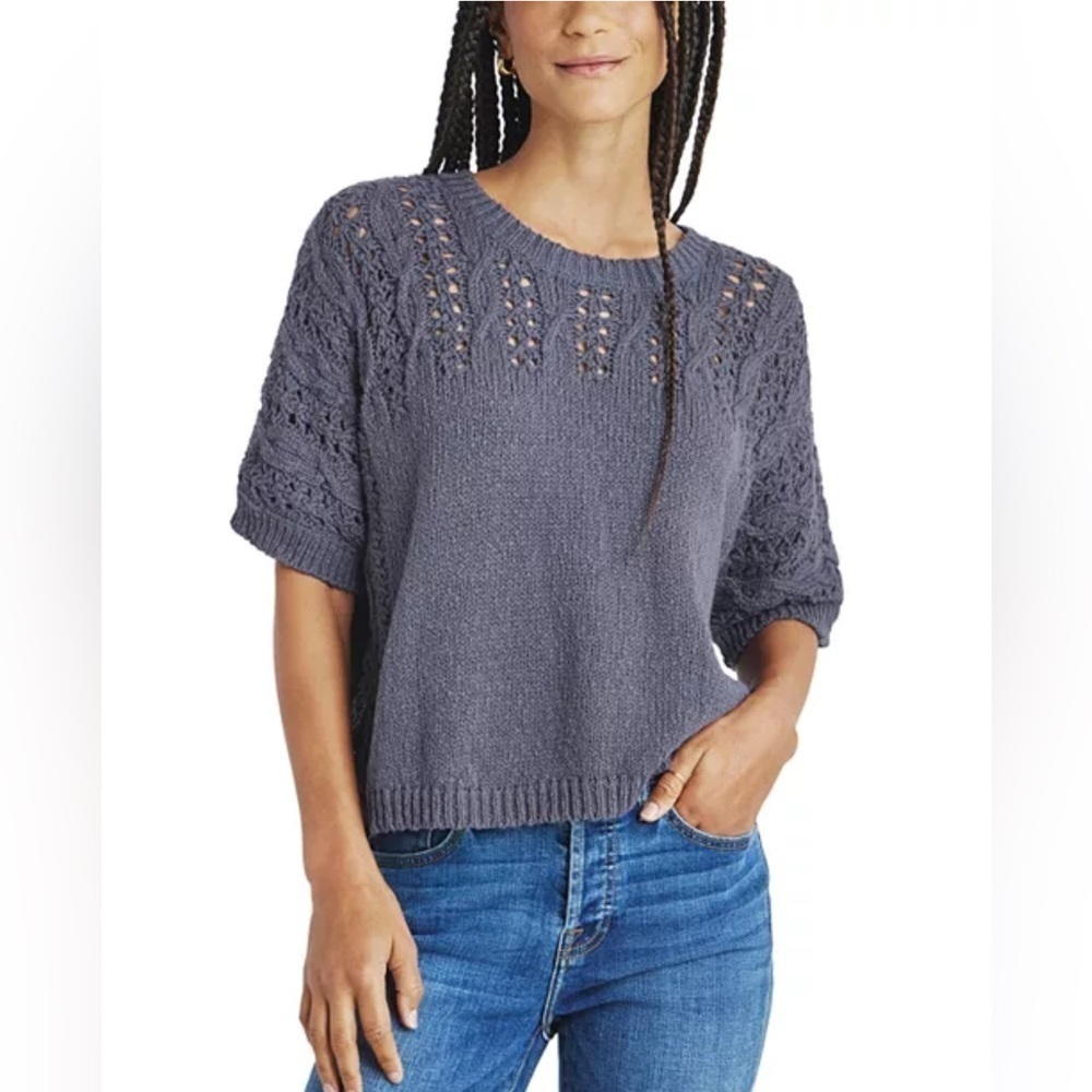 Splendid Mason Mixed Knit Short Sleeve Sweater Blue Size Medium EUC